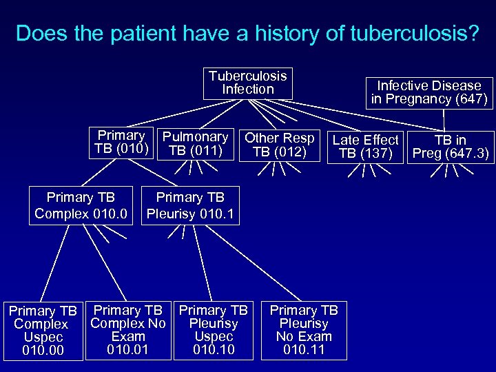 Does the patient have a history of tuberculosis? Tuberculosis Infection Primary TB (010) Primary
