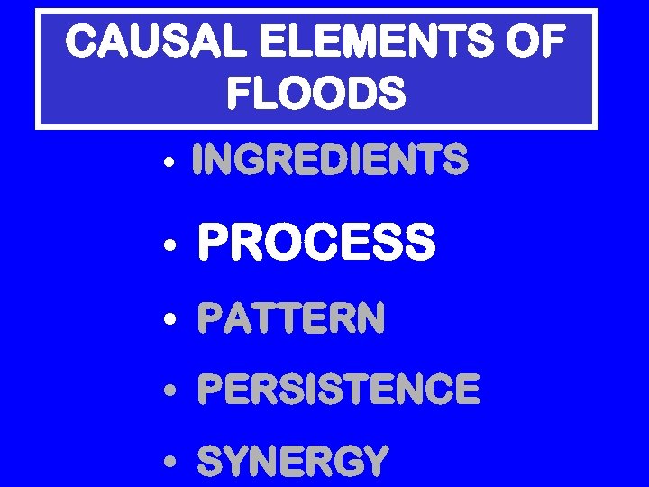 CAUSAL ELEMENTS OF FLOODS • INGREDIENTS • PROCESS • PATTERN • PERSISTENCE • SYNERGY