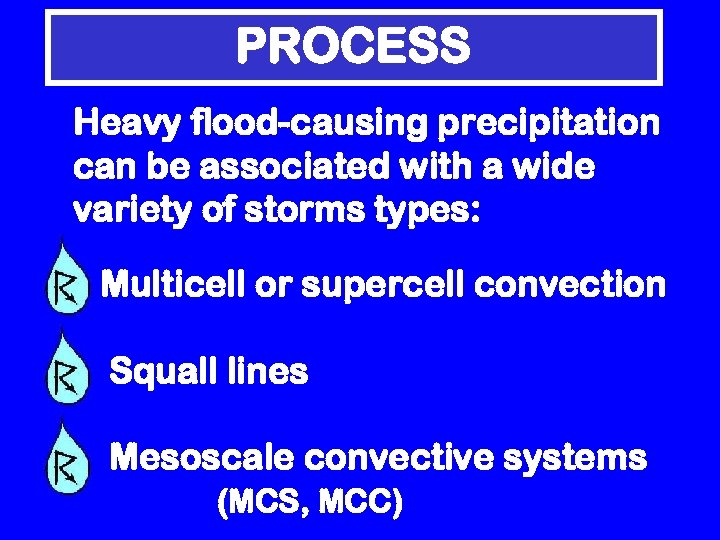 PROCESS Heavy flood-causing precipitation can be associated with a wide variety of storms types: