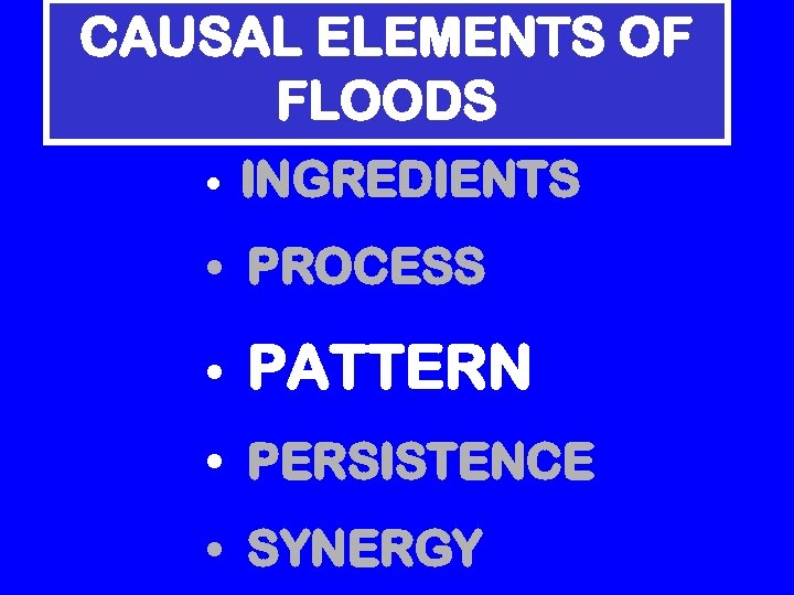 CAUSAL ELEMENTS OF FLOODS • INGREDIENTS • PROCESS • PATTERN • PERSISTENCE • SYNERGY