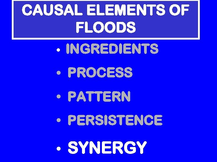 CAUSAL ELEMENTS OF FLOODS • INGREDIENTS • PROCESS • PATTERN • PERSISTENCE • SYNERGY