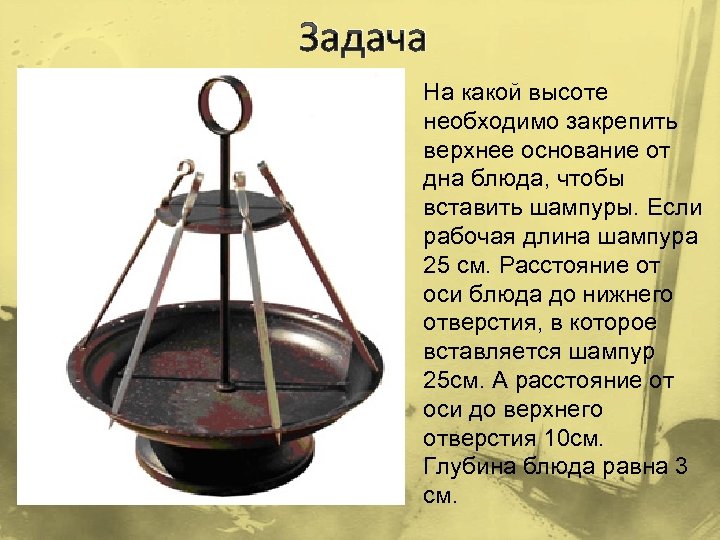 Задача На какой высоте необходимо закрепить верхнее основание от дна блюда, чтобы вставить шампуры.