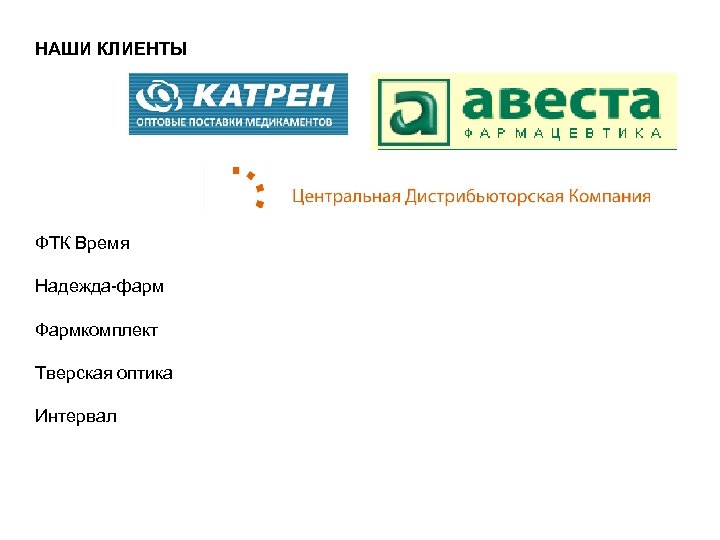 НАШИ КЛИЕНТЫ ФТК Время Надежда-фарм Фармкомплект Тверская оптика Интервал 