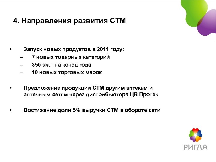 4. Направления развития СТМ • Запуск новых продуктов в 2011 году: – 7 новых