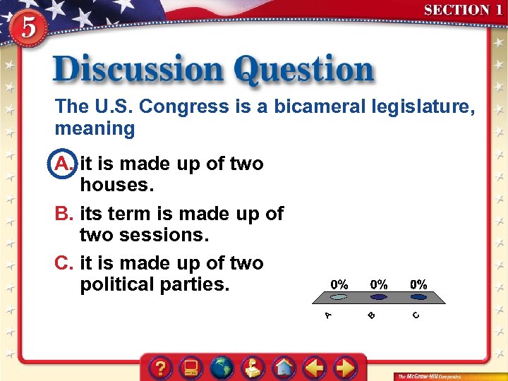 The U. S. Congress is a bicameral legislature, meaning A. it is made up