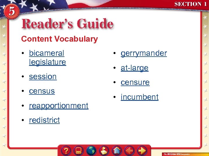 Content Vocabulary • bicameral legislature • session • census • reapportionment • redistrict •