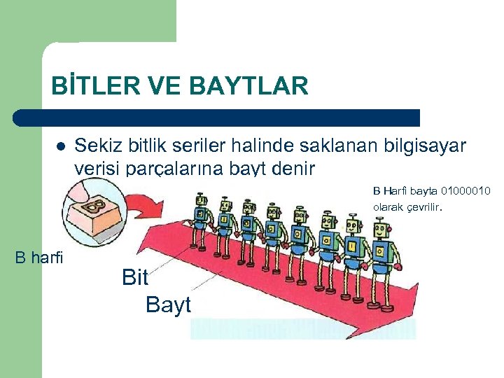 BİTLER VE BAYTLAR l Sekiz bitlik seriler halinde saklanan bilgisayar verisi parçalarına bayt denir