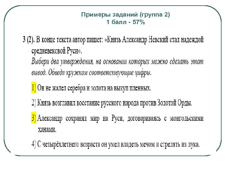 Примеры заданий (группа 2) 1 балл - 57% 
