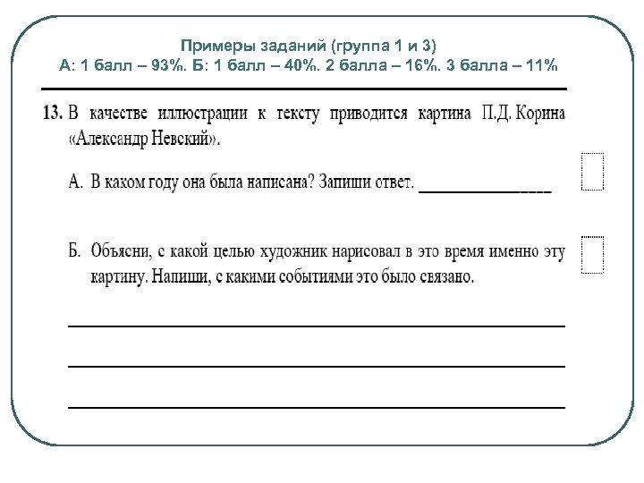Примеры заданий (группа 1 и 3) А: 1 балл – 93%, Б: 1 балл