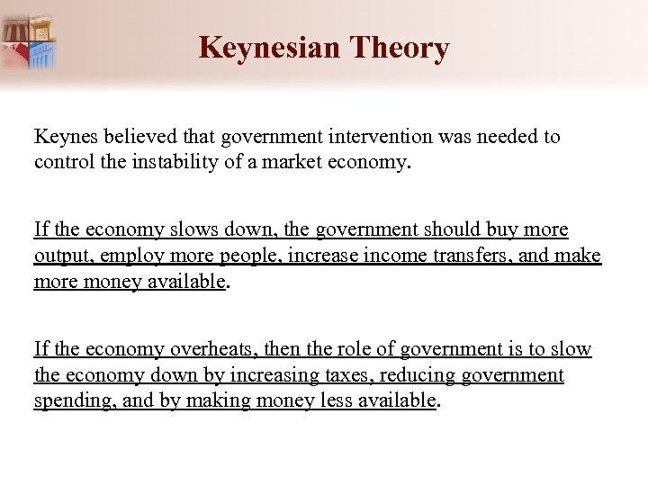 Keynesian Theory Keynes believed that government intervention was needed to control the instability of