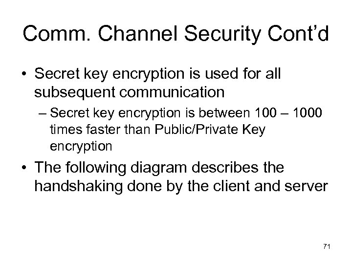 Comm. Channel Security Cont’d • Secret key encryption is used for all subsequent communication
