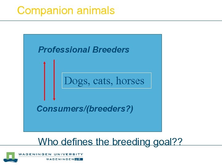 Companion animals Professional Breeders Dogs, cats, horses Consumers/(breeders? ) Who defines the breeding goal?
