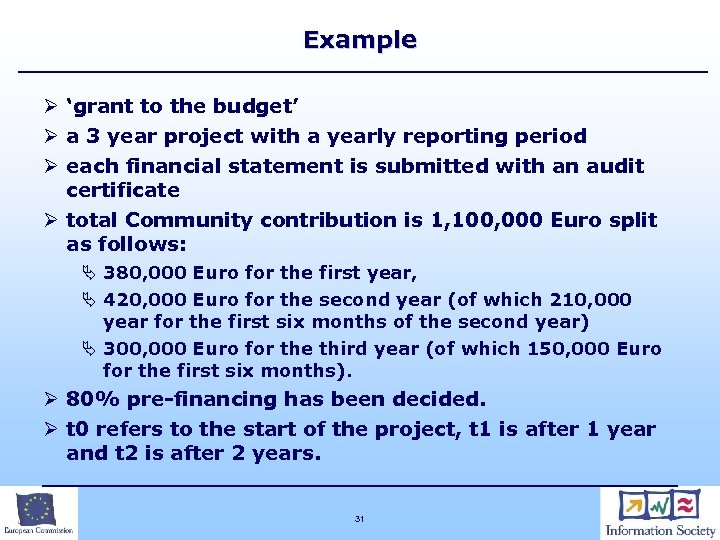 Example Ø ‘grant to the budget’ Ø a 3 year project with a yearly