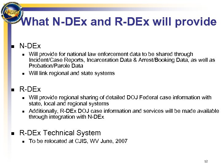What N-DEx and R-DEx will provide n N-DEx n n n R-DEx n n