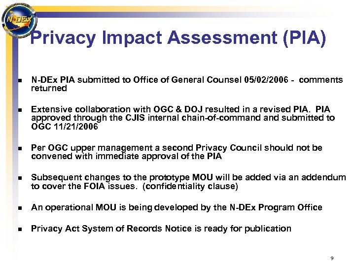 Privacy Impact Assessment (PIA) n n N-DEx PIA submitted to Office of General Counsel