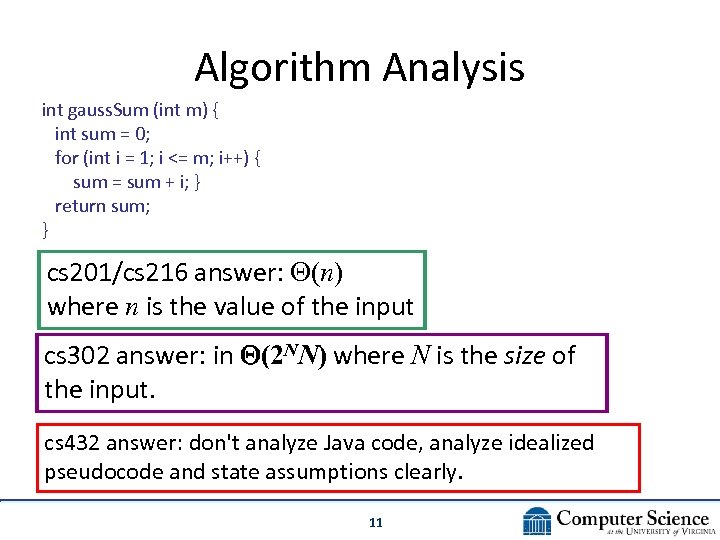 Algorithm Analysis int gauss. Sum (int m) { int sum = 0; for (int