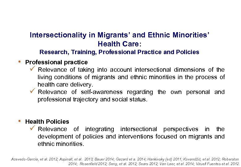 Intersectionality in Migrants’ and Ethnic Minorities’ Health Care: Research, Training, Professional Practice and Policies