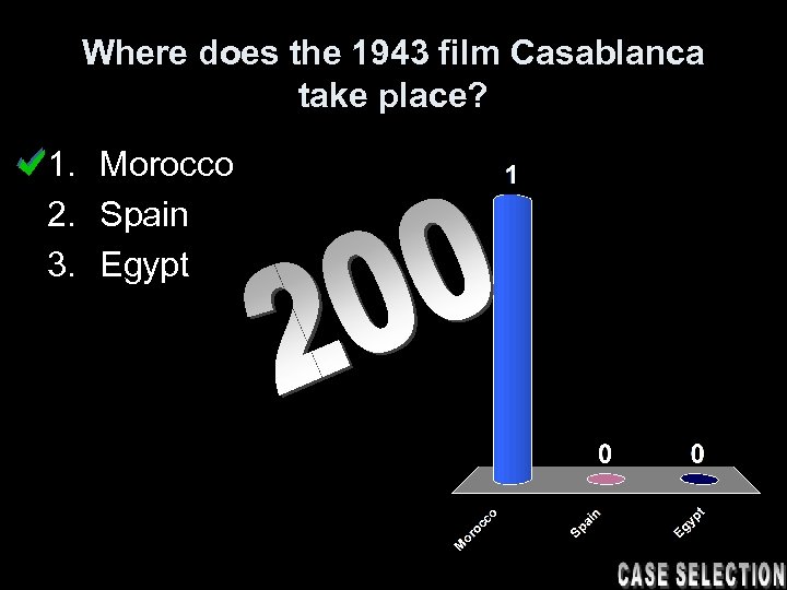 Where does the 1943 film Casablanca take place? 1. Morocco 2. Spain 3. Egypt