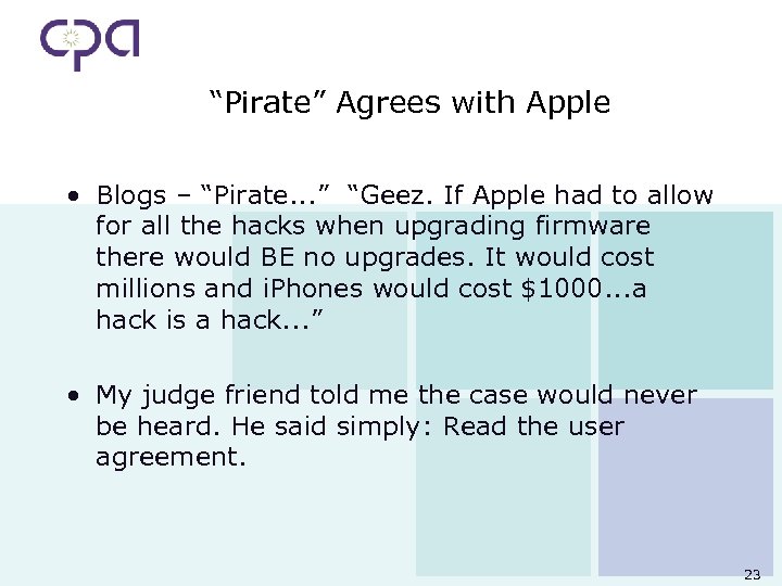 “Pirate” Agrees with Apple • Blogs – “Pirate. . . ” “Geez. If Apple