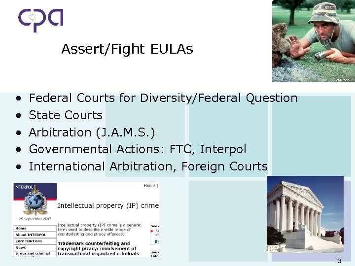 Assert/Fight EULAs • • • Federal Courts for Diversity/Federal Question State Courts Arbitration (J.
