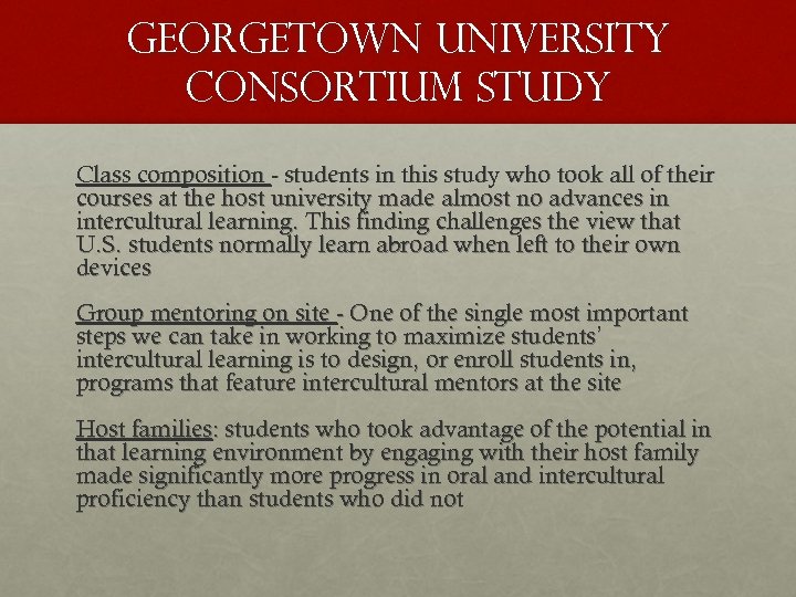 Georgetown university consortium study Class composition - students in this study who took all