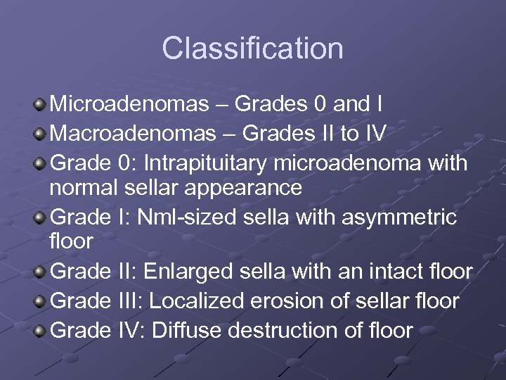 Classification Microadenomas – Grades 0 and I Macroadenomas – Grades II to IV Grade