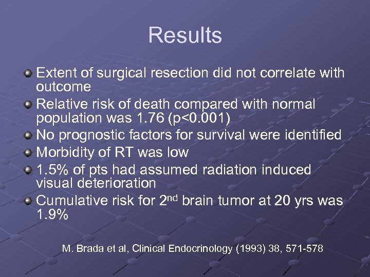 Results Extent of surgical resection did not correlate with outcome Relative risk of death