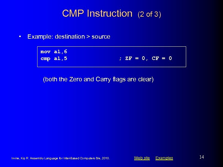 CMP Instruction (2 of 3) • Example: destination > source mov al, 6 cmp