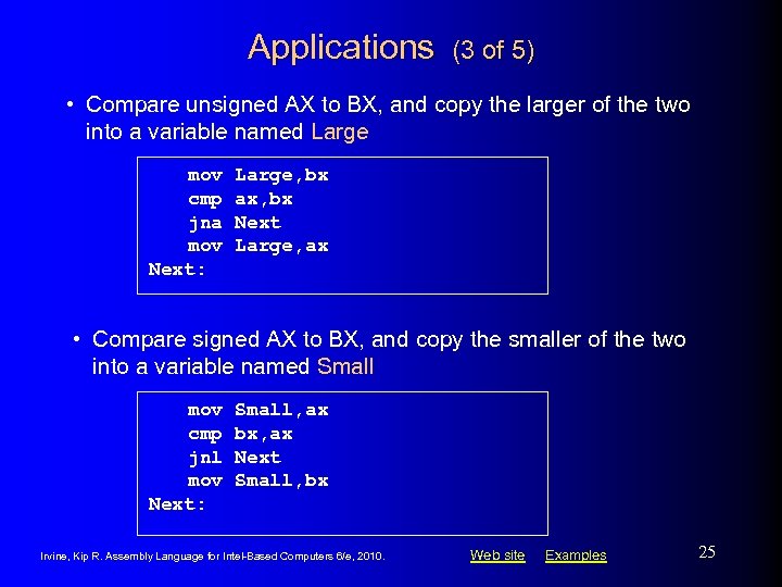 Applications (3 of 5) • Compare unsigned AX to BX, and copy the larger