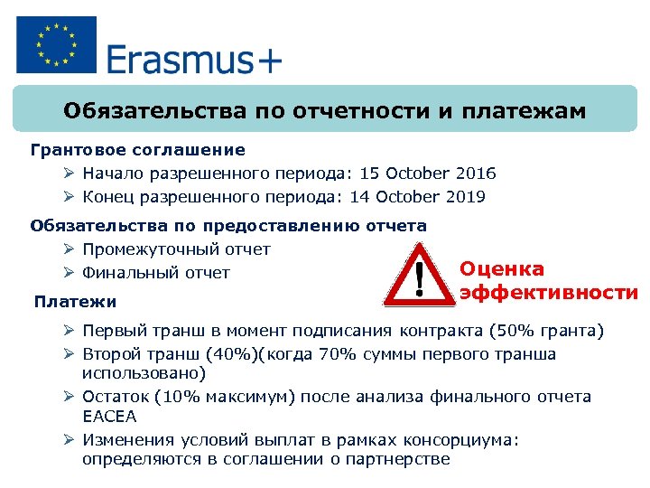 Обязательства по отчетности и платежам Грантовое соглашение Ø Начало разрешенного периода: 15 October 2016