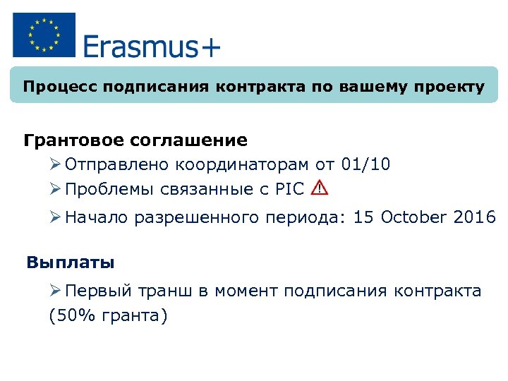 Процесс подписания контракта по вашему проекту Грантовое соглашение Ø Отправлено координаторам от 01/10 Ø