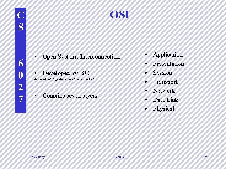 OSI C S 6 0 2 7 • Open Systems Interconnection • Developed by