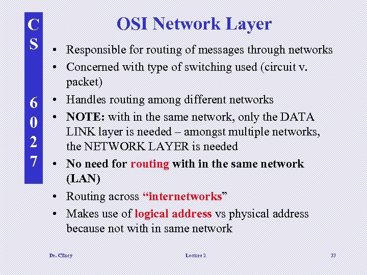C S 6 0 2 7 OSI Network Layer • Responsible for routing of