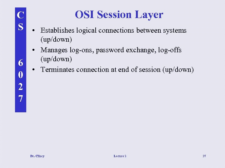 C S 6 0 2 7 OSI Session Layer • Establishes logical connections between