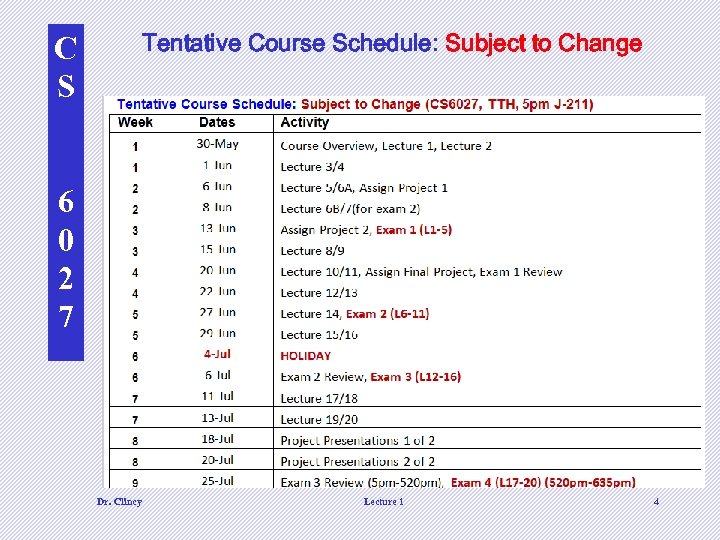 Tentative Course Schedule: Subject to Change C S 6 0 2 7 Dr. Clincy