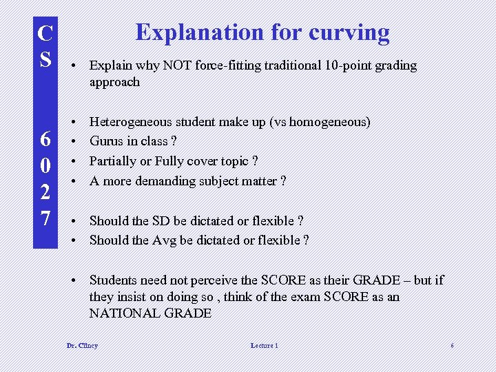 C S 6 0 2 7 Explanation for curving • Explain why NOT force-fitting