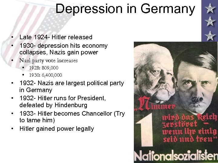 Depression in Germany • Late 1924 - Hitler released • 1930 - depression hits