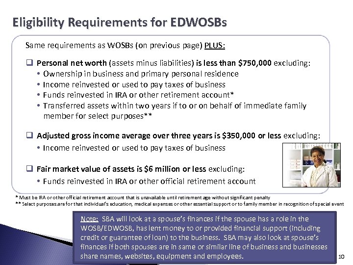 Eligibility Requirements for EDWOSBs Same requirements as WOSBs (on previous page) PLUS: q Personal