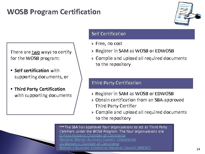 WOSB Program Certification Self Certification There are two ways to certify for the WOSB