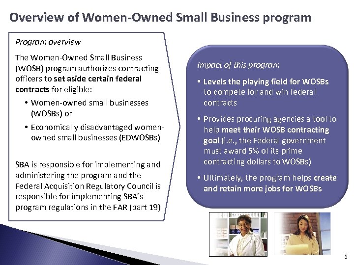 Overview of Women-Owned Small Business program Program overview The Women-Owned Small Business (WOSB) program