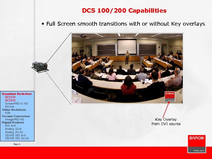 DCS 100/200 Capabilities • Full Screen smooth transitions with or without Key overlays Seamless