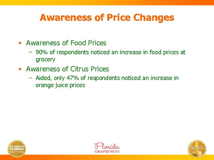 Awareness of Price Changes • Awareness of Food Prices – 90% of respondents noticed