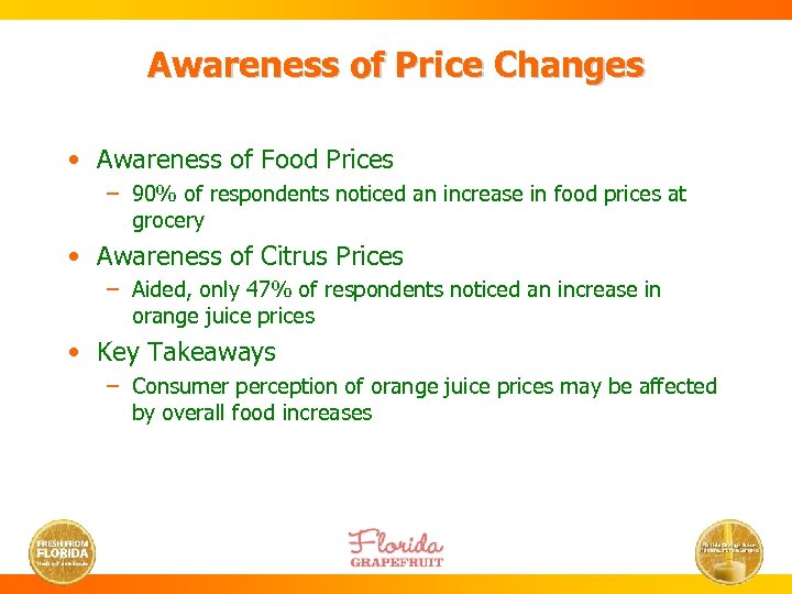 Awareness of Price Changes • Awareness of Food Prices – 90% of respondents noticed