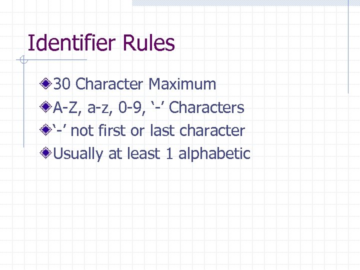 Identifier Rules 30 Character Maximum A-Z, a-z, 0 -9, ‘-’ Characters ‘-’ not first