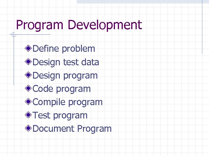 Program Development Define problem Design test data Design program Code program Compile program Test