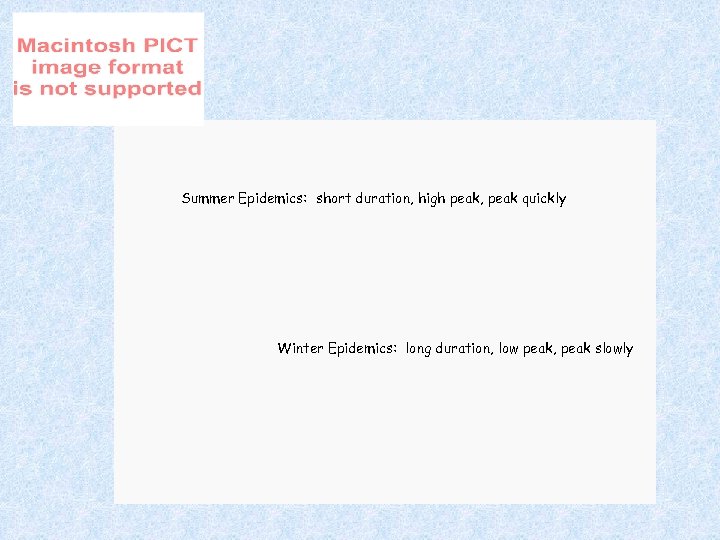 Summer Epidemics: short duration, high peak, peak quickly Winter Epidemics: long duration, low peak,