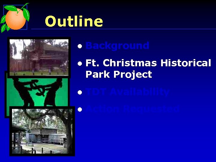 Outline l Background l Ft. Christmas Historical Park Project l TDT Availability l Action