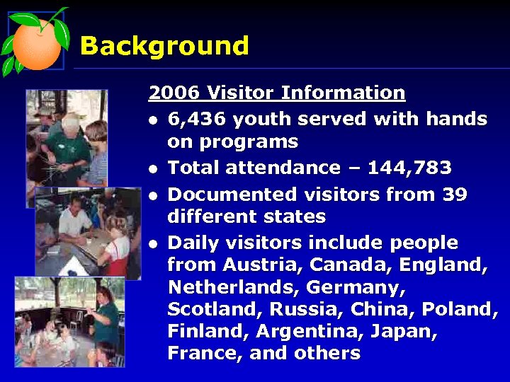 Background 2006 Visitor Information l 6, 436 youth served with hands on programs l