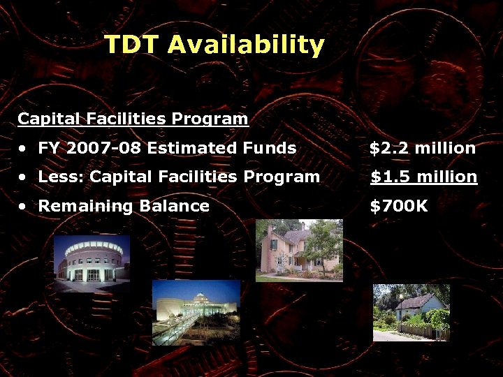 TDT Availability Capital Facilities Program • FY 2007 -08 Estimated Funds $2. 2 million