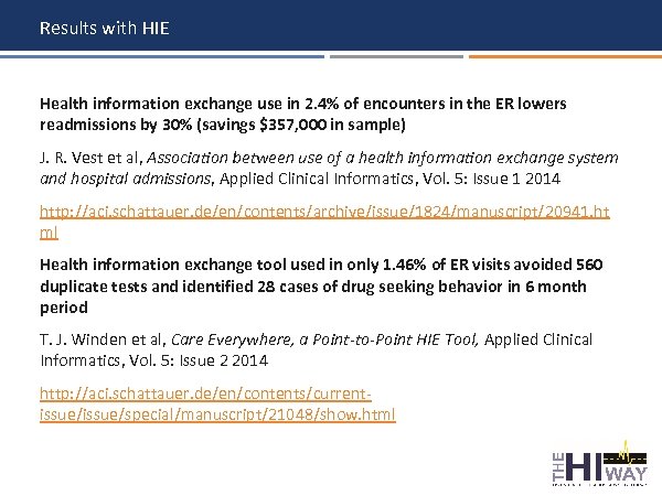 Results with HIE Health information exchange use in 2. 4% of encounters in the
